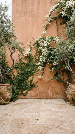 Terracotta Courtyard Wall With Olive Trees
