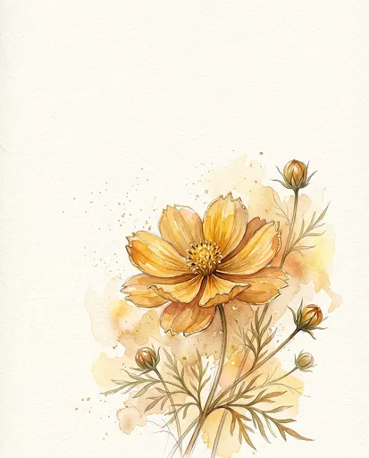 Golden Cosmos Watercolor Illustration with Copy Space