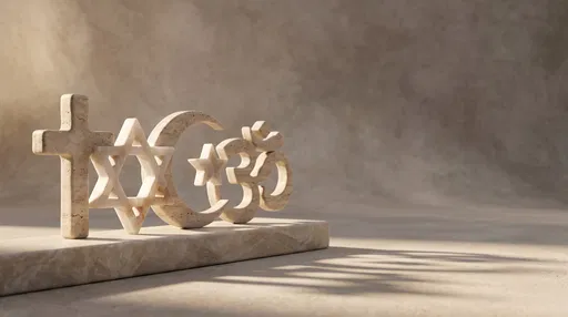 Carved Stone Interfaith Religious Symbols on Plinth