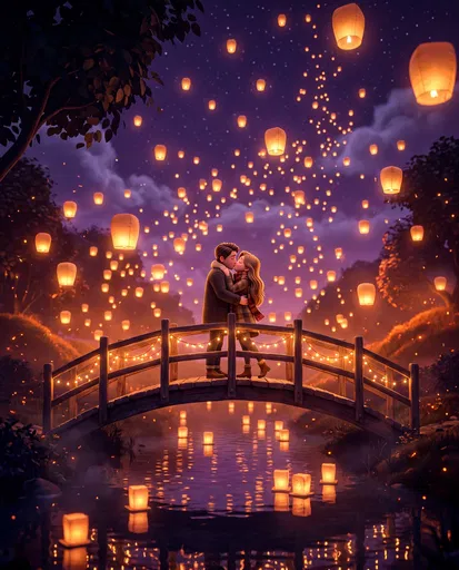 Stylized Couple Kissing Under Floating Lanterns
