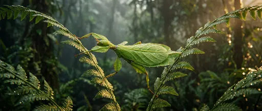 Green Leaf Insect on Rainforest Ferns