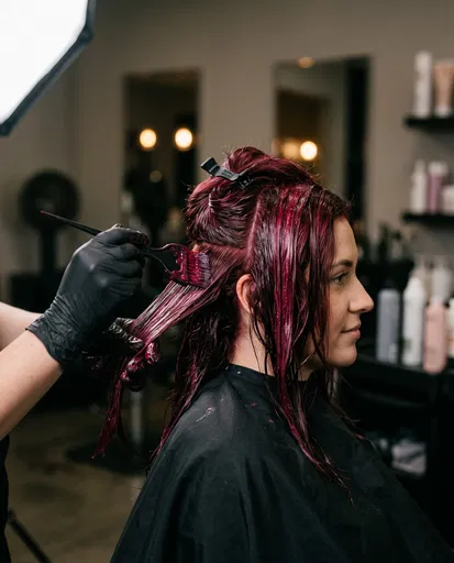 Stylist Applying Red Hair Dye in Salon