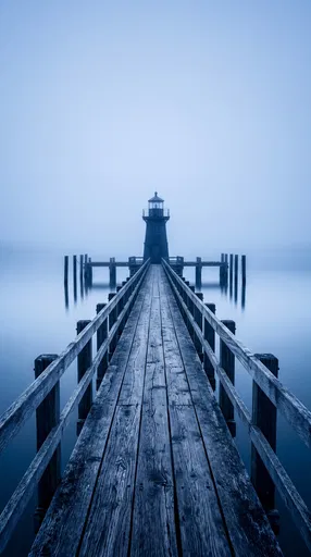Wooden Pier Leading to Foggy Lighthouse