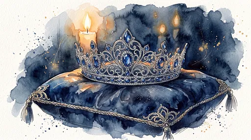 Watercolor Sapphire Tiara on Blue Cushion