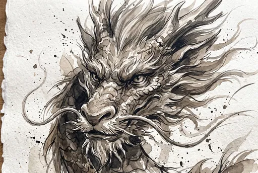 Sepia Ink and Watercolor Dragon Portrait
