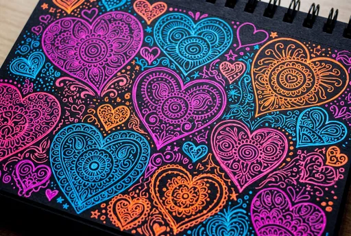 Neon Gel Pen Mandala Hearts Sketchpad