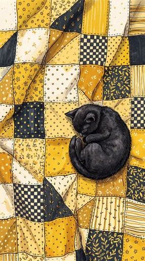 Black Kitten Sleeping on Patchwork Quilt