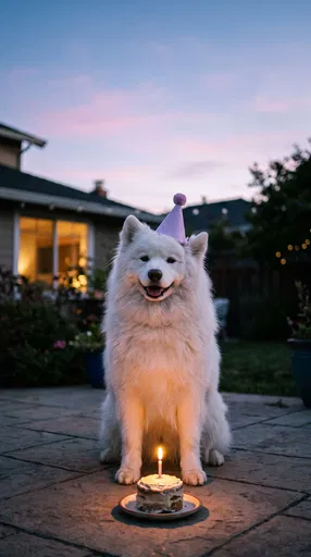 Samoyed Dog Celebrating Birthday at Twilight