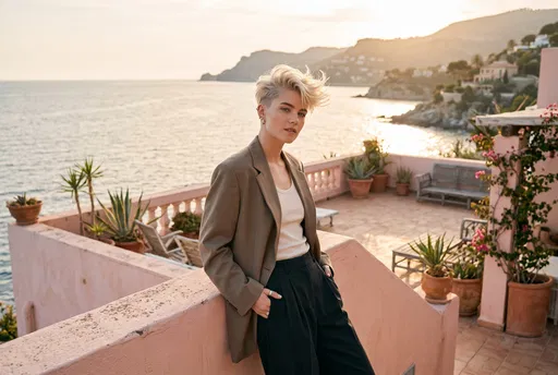 Woman With Blonde Quiff on Coastal Terrace