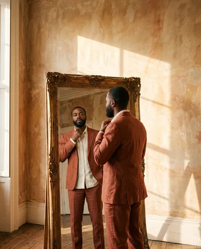 Man in Terracotta Suit Looking in Mirror