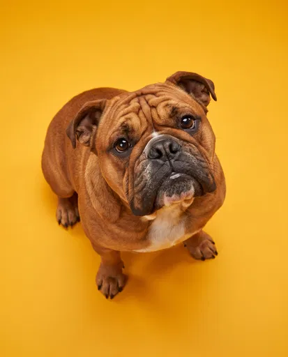 English Bulldog Looking Up on Yellow