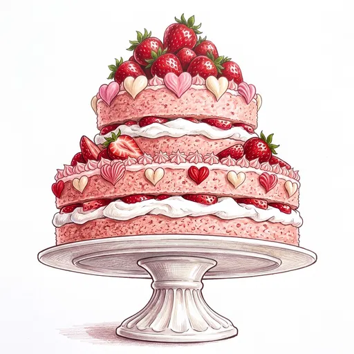 Tiered Strawberry Heart Cake Illustration