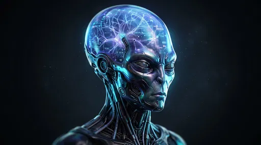Cybernetic Alien With Glowing Blue Brain