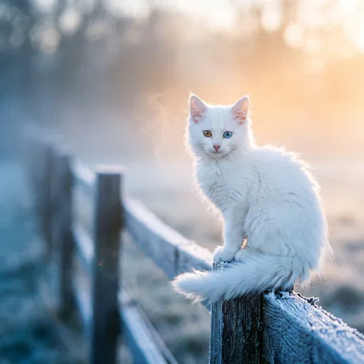 White Kitten on Frosty Fence at Dawn