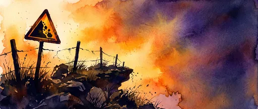 Watercolor Cliff Warning Sign at Sunset