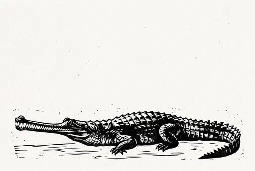 Monochrome Gharial Crocodile Linocut Illustration