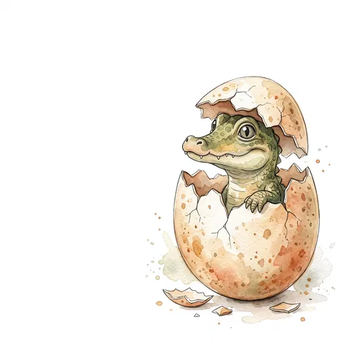 Watercolor Baby Crocodile Hatching from Egg