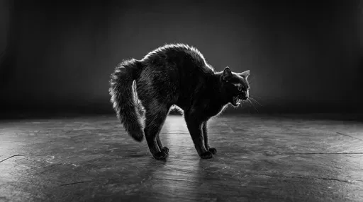 Hissing Black Cat with Arched Back