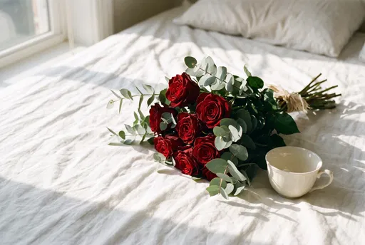 Red Roses Bouquet and Cup on Bed
