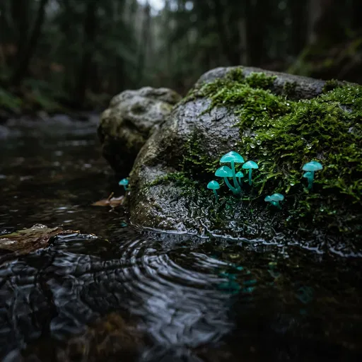 Glowing Cyan Mushrooms on Mossy Stream Rock