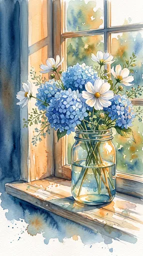 Watercolor Blue Hydrangeas in Mason Jar