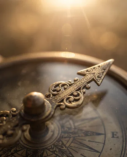 Macro Close-Up of Antique Brass Compass Needle