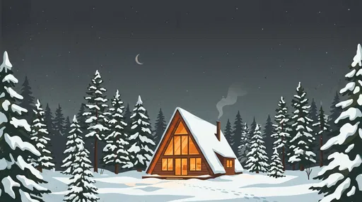 Cozy Winter A-Frame Cabin Night Illustration