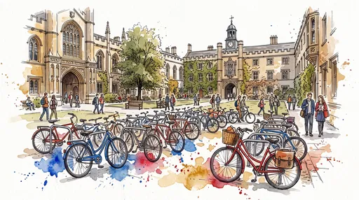 Watercolor University Courtyard With Parked Bicycles