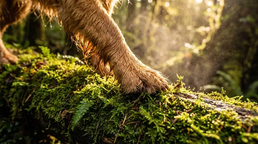 Wet Golden Dog Paw on Mossy Log
