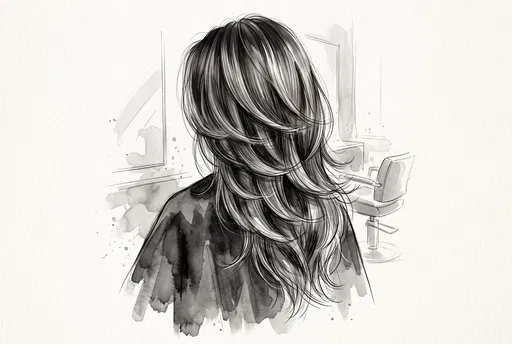 Monochrome Watercolor Illustration of Layered Hairstyle