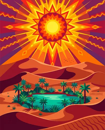 Geometric Sun Over Desert Oasis Illustration