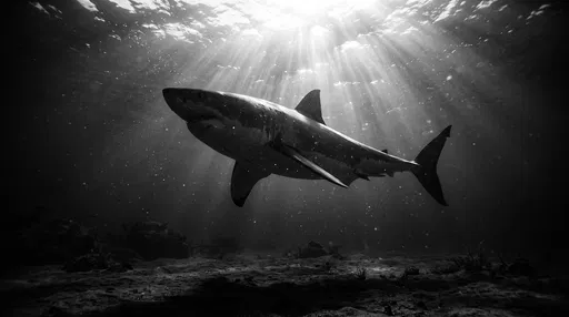 Monochrome Great White Shark Underwater