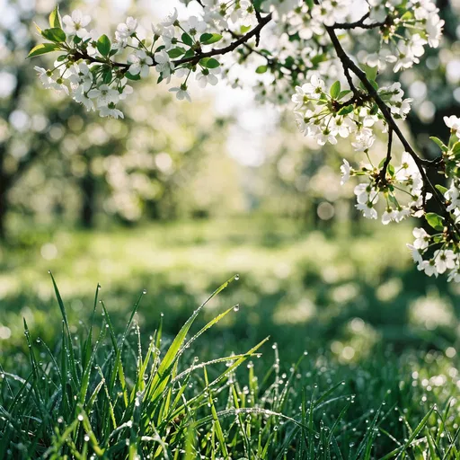 Dewy Grass Beneath White Spring Blossoms