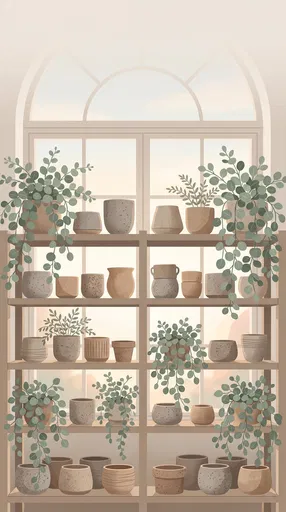 Ceramic Pots and Plants on Window Shelves