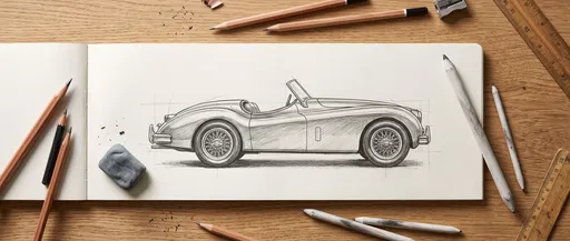 Classic Roadster Pencil Sketch on Desk