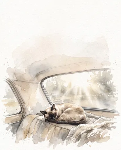 Watercolor Siamese Cat Sleeping in Car