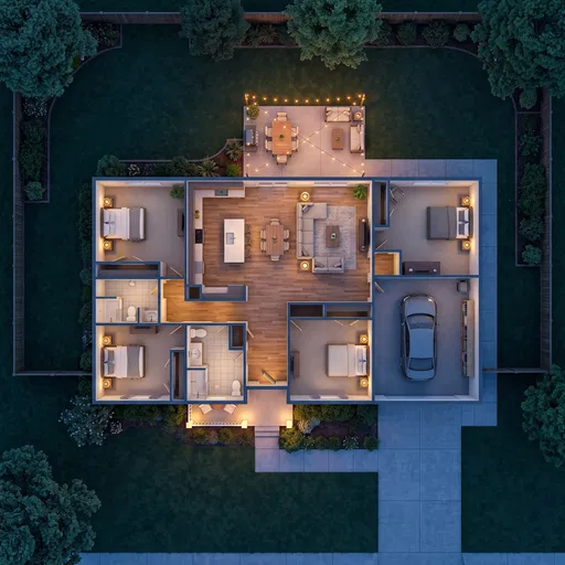 Top-Down Ranch House Floor Plan at Dusk