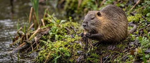 Nutria Feeding on Mossy Riverbank