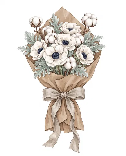 Rustic Bouquet of White Anemones and Cotton
