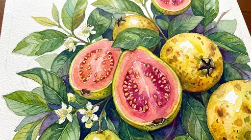 Botanical Watercolor of Pink and Yellow Guavas