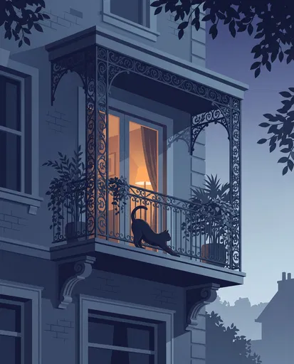 Cat Stretching on Balcony at Dawn