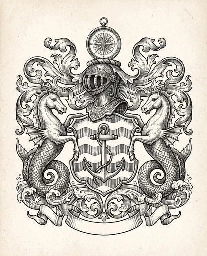 Engraved Maritime Coat of Arms with Hippocampi