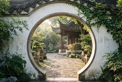 Traditional Chinese Garden Through Moon Gate