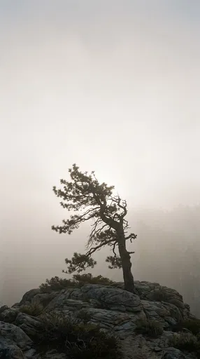 Lone Windswept Pine Tree in Morning Fog