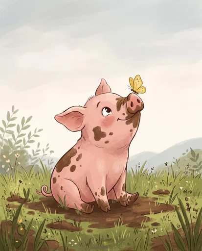 Muddy Piglet With Butterfly On Snout