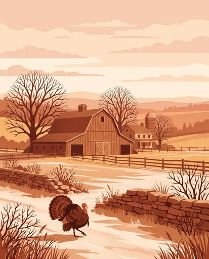 Autumn Farmstead With Wild Turkey Illustration
