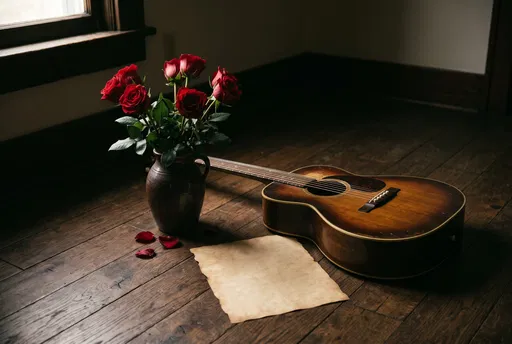 Acoustic Guitar Red Roses and Blank Parchment