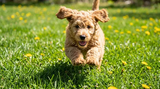 Playful Goldendoodle Puppy Running on Lawn
