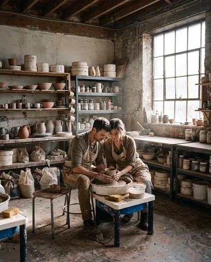 Couple Shaping Clay in Pottery Studio