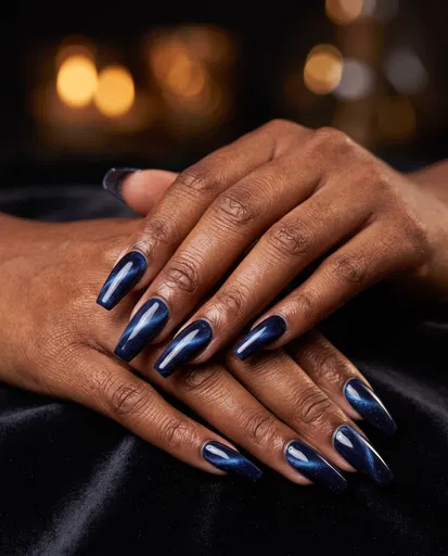 Dark-Skinned Hands With Navy Cat-Eye Nails